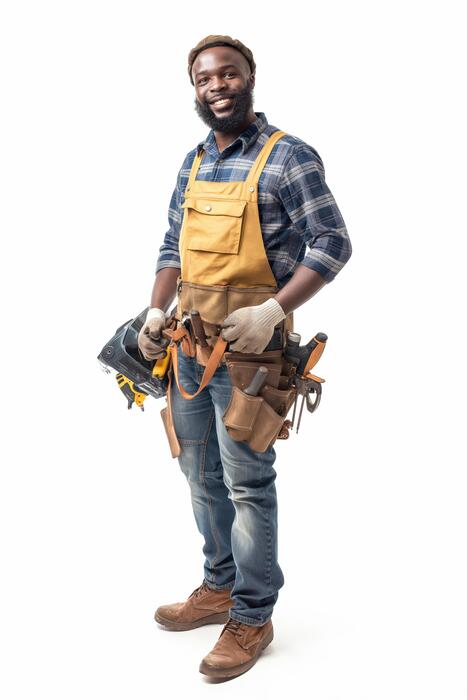 Smiling handyman with toolbelt outside a home